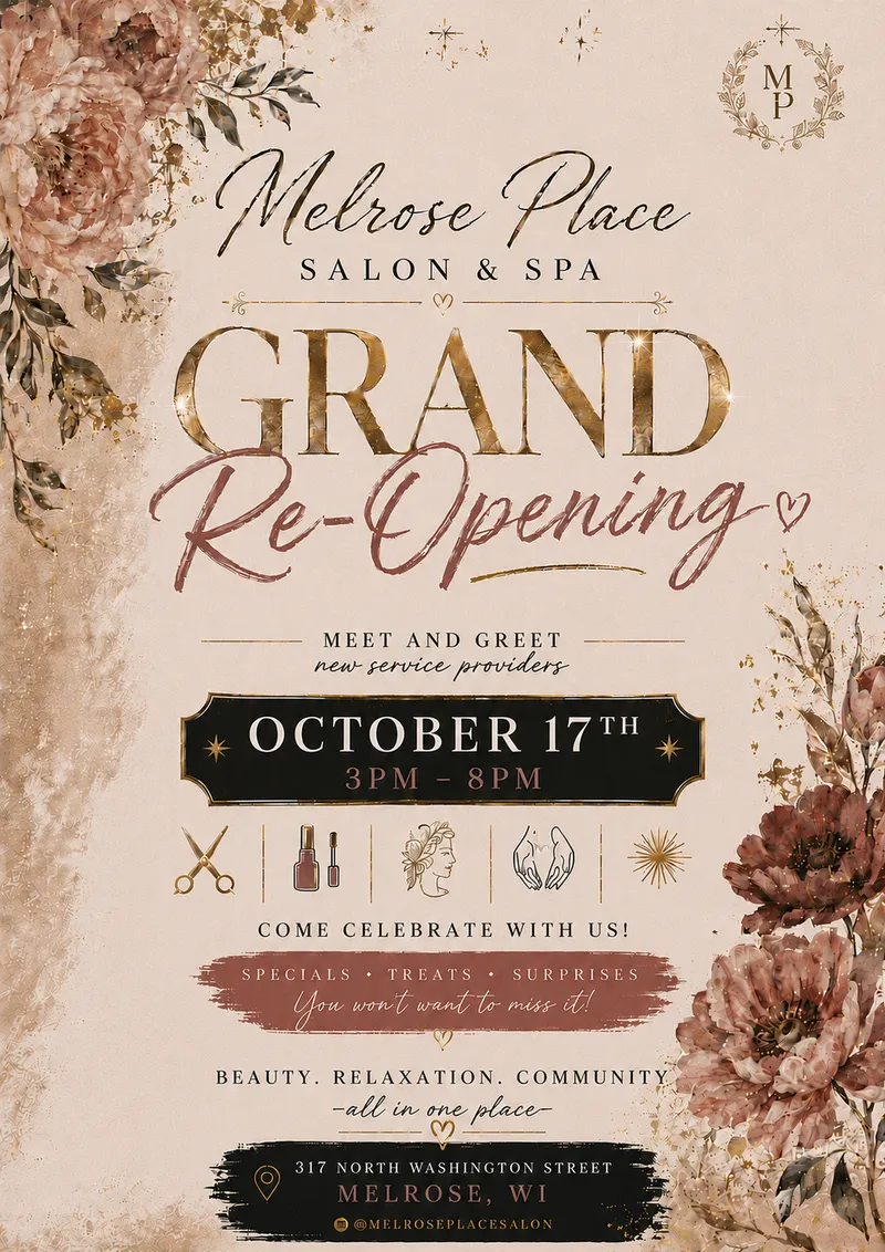 Melrose Place Salon Grand Re-Opening flyer — Saturday, October 17, 3–8pm, 317 N Washington St, Melrose, WI 54642