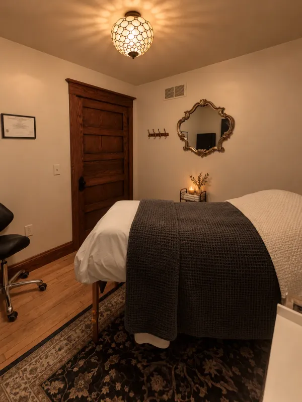 Corner of the massage room with a table under a charcoal waffle blanket, a dark wood door, an ornate gold mirror and a glass pendant light.