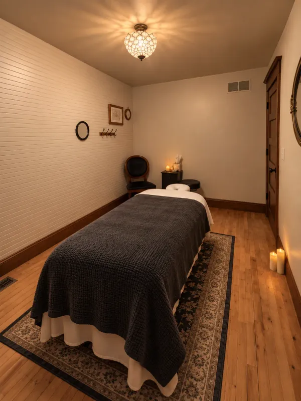 Dimly lit massage room with a table under a charcoal quilted blanket, candles, a glass pendant light and a patterned rug on a hardwood floor.